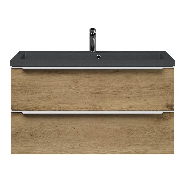 Texel Kijkduin/Cadzand-Q ondiep badmeubel 100x36 2 softclose laden warm eiken met greep naar keuze met quartz wastafel mat grijs met 1 kraangat met overloop
