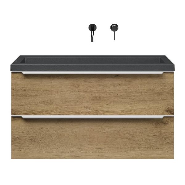 Texel Kijkduin/Cadzand-Q ondiep badmeubel 100x36 2 softclose laden warm eiken met greep naar keuze met quartz wastafel mat grijs zonder kraangat zonder overloop