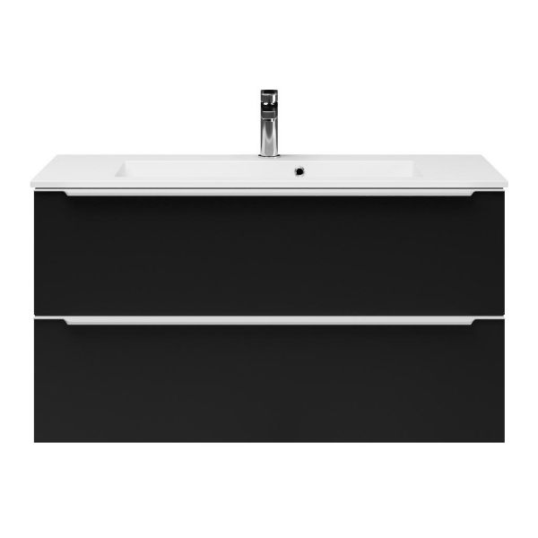 Texel Kijkduin/Compact ondiep badmeubel 100x36 2 softclose laden mat zwart met greep naar keuze keramische wastafel wit met 1 kraangat