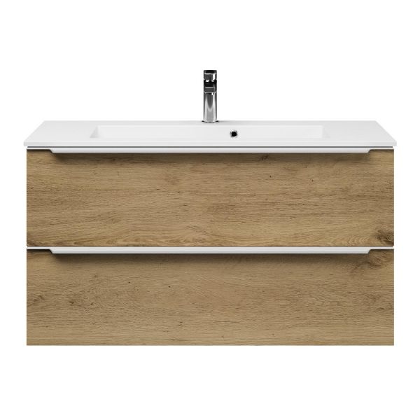Texel Kijkduin/Compact ondiep badmeubel 100x36 2 softclose laden warm eiken met greep naar keuze keramische wastafel wit met 1 kraangat