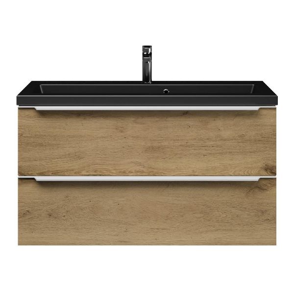 Texel Kijkduin/Dishoek ondiep badmeubel 100x36 2 softclose laden warm eiken met greep naar keuze keramische wastafel mat zwart met 1 kraangat