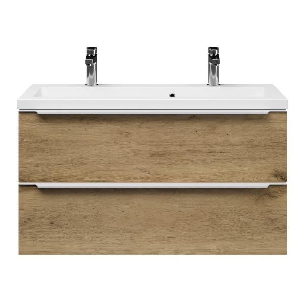 Texel Kijkduin/Dishoek ondiep badmeubel 100x36 2 softclose laden warm eiken met greep naar keuze keramische wastafel wit met 2 kraangaten