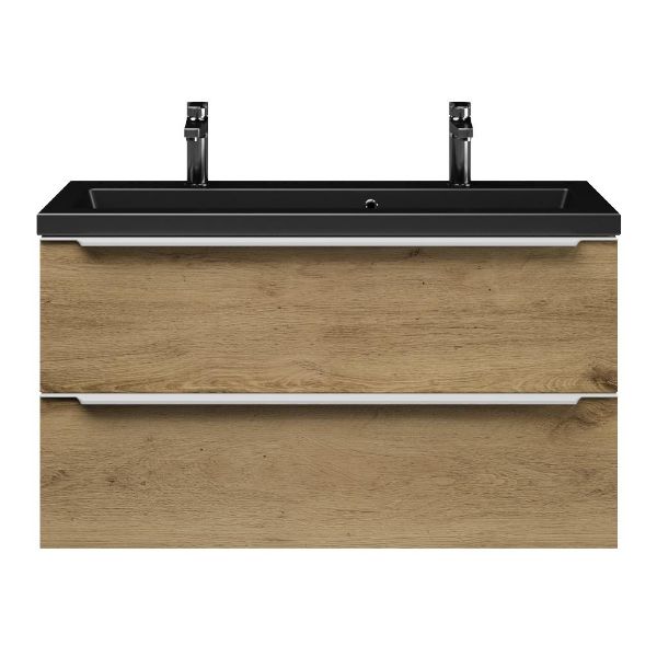 Texel Kijkduin/Dishoek ondiep badmeubel 100x36 2 softclose laden warm eiken met greep naar keuze keramische wastafel mat zwart met 2 kraangaten