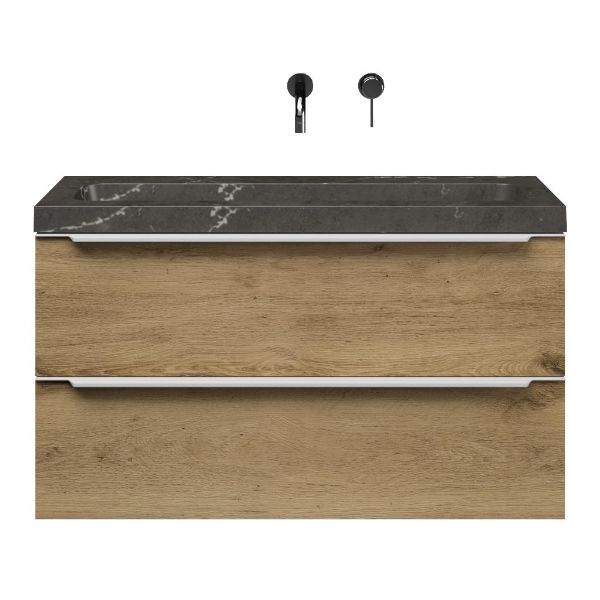 Texel Kijkduin/stone ondiep badmeubel 100x36 2 softclose laden eiken warm met greep naar keuze natuursteen bluestone wastafel zonder kraangaten
