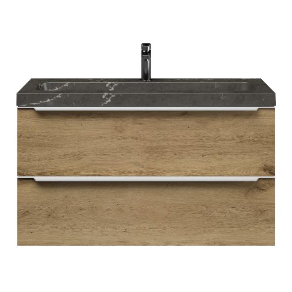 Texel Kijkduin/stone ondiep badmeubel 100x36 2 softclose laden warm eiken met greep naar keuze natuursteen bluestone wastafel met 1 kraangat