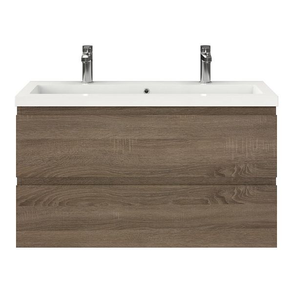 Texel Renesse/Cadzand ondiep badmeubel 100x36 2 softclose laden donker eiken greeploos polystone wastafel wit met 2 kraangaten
