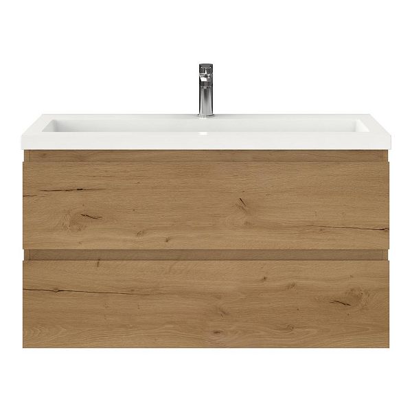 Texel Renesse/Cadzand ondiep badmeubel 100x36 2 softclose laden eiken natuur greeploos polystone wastafel wit met 1 kraangat