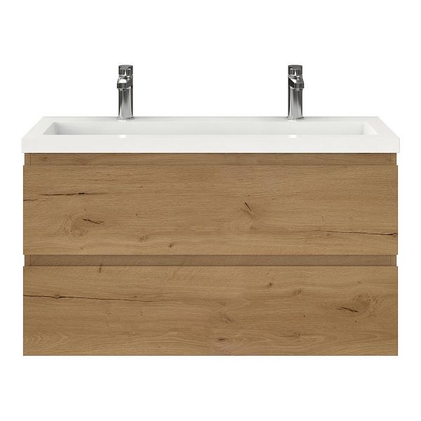 Texel Renesse/Cadzand ondiep badmeubel 100x36 2 softclose laden eiken natuur greeploos polystone wastafel wit met 2 kraangaten
