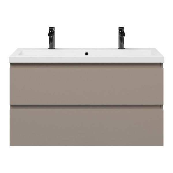 Texel Renesse/Cadzand ondiep badmeubel 100x36 2 softclose laden taupe greeploos polystone wastafel wit met 2 kraangaten
