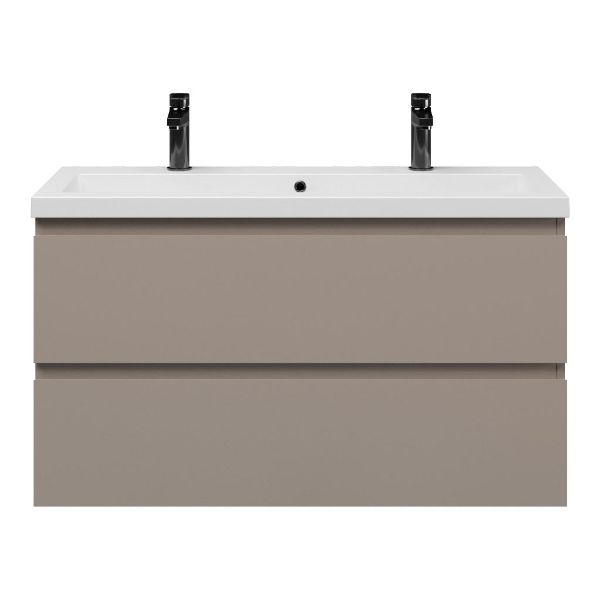 Texel Renesse/Cadzand ondiep badmeubel 100x36 2 softclose laden taupe greeploos met wastafel mat wit met 2 kraangaten met overloop