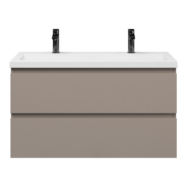 Texel Renesse/Cadzand ondiep badmeubel 100x36 2 softclose laden taupe greeploos polystone wastafel wit met 2 kraangaten