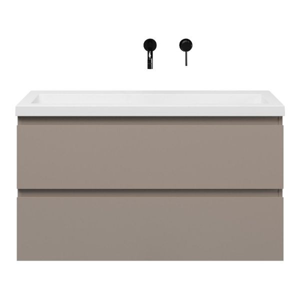 Texel Renesse/Cadzand ondiep badmeubel 100x36 2 softclose laden taupe greeploos polystone wastafel wit zonder kraangaten