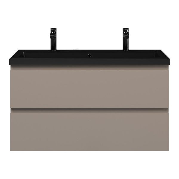 Texel Renesse/Cadzand ondiep badmeubel 100x36 2 softclose laden taupe greeploos polystone wastafel mat zwart met 2 kraangaten