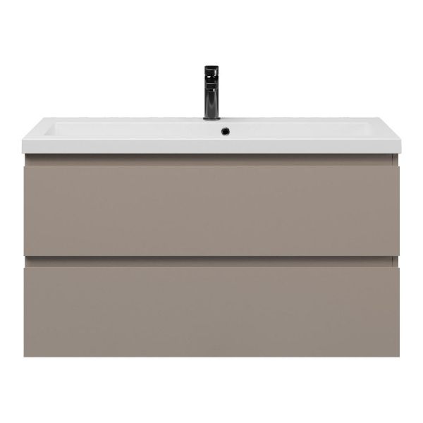 Texel Renesse/Cadzand ondiep badmeubel 100x36 2 softclose laden taupe greeploos met polystone wastafel mat wit met 1 kraangat met overloop