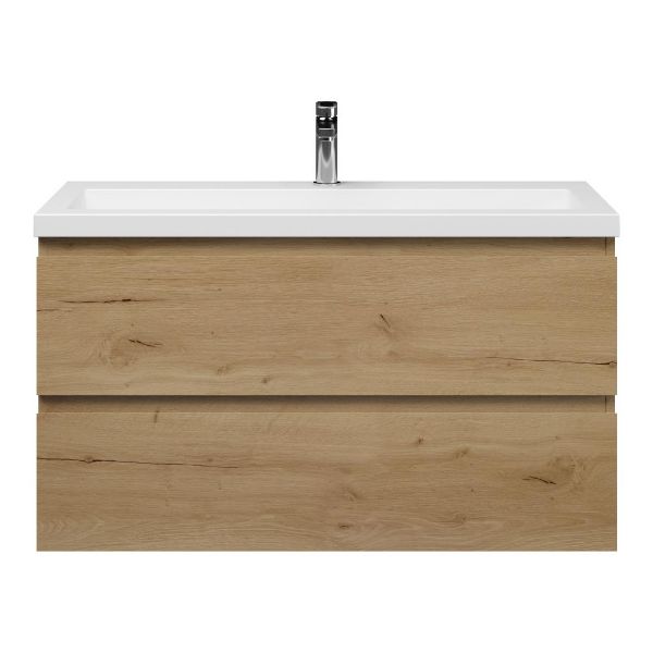 Texel Renesse/Cadzand-Q ondiep badmeubel 100x36 2 softclose laden eiken natuur greeploos met quartz wastafel mat wit met 1 kraangat zonder overloop