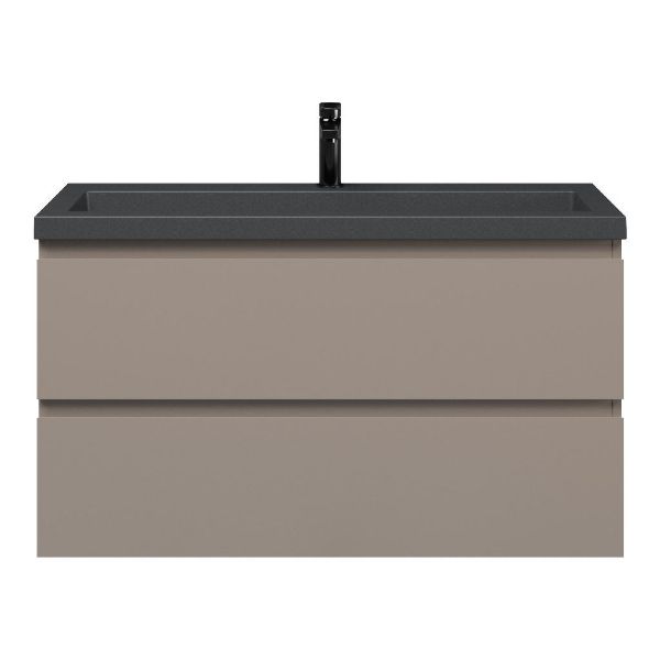 Texel Renesse/Cadzand-Q ondiep badmeubel 100x36 2 softclose laden taupe greeploos met quartz wastafel mat grijs met 1 kraangat zonder overloop