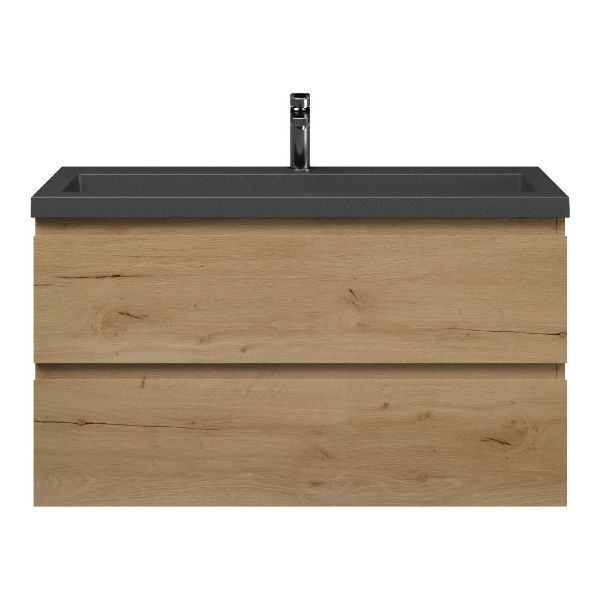 Texel Renesse/Cadzand-Q ondiep badmeubel 100x36 2 softclose laden eiken natuur greeploos met quartz wastafel mat grijs met 1 kraangat zonder overloop