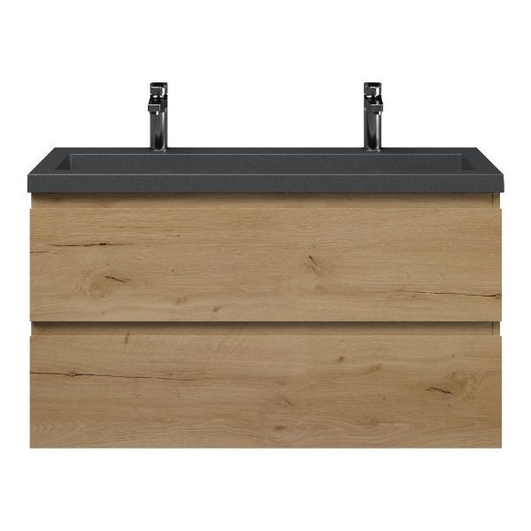 Texel Renesse/Cadzand-Q ondiep badmeubel 100x36 2 softclose laden eiken natuur greeploos met quartz wastafel mat grijs met 2 kraangaten zonder overloop