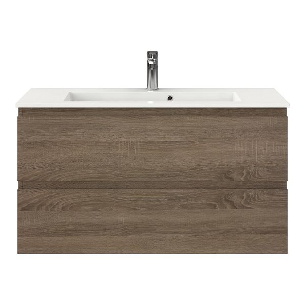 Texel Renesse/Compact ondiep badmeubel 100x36 2 softclose laden donker eiken greeploos keramische wastafel wit met 1 kraangat