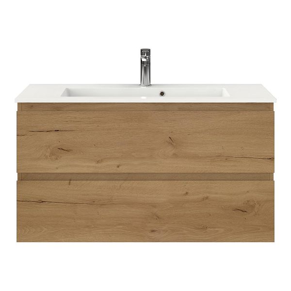 Texel Renesse/Compact ondiep badmeubel 100x36 2 softclose laden eiken natuur greeploos keramische wastafel wit met 1 kraangat
