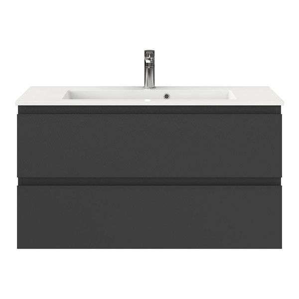 Texel Renesse/Compact ondiep badmeubel 100x36 2 softclose laden antraciet mat greeploos keramische wastafel wit met 1 kraangat