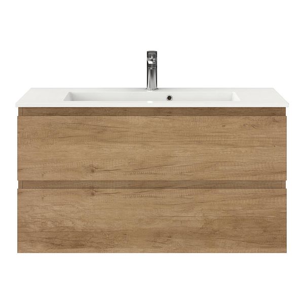Texel Renesse/Compact ondiep badmeubel 100x36 2 softclose laden olm greeploos keramische wastafel wit met 1 kraangat