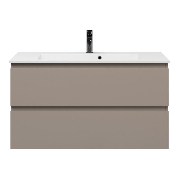 Texel Renesse/Compact ondiep badmeubel 100x36 2 softclose laden taupe greeploos keramische wastafel wit met 1 kraangat