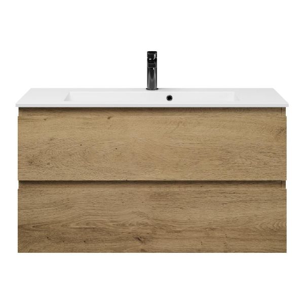 Texel Renesse/Compact ondiep badmeubel 100x36 2 softclose laden warm eiken greeploos keramische wastafel wit met 1 kraangat