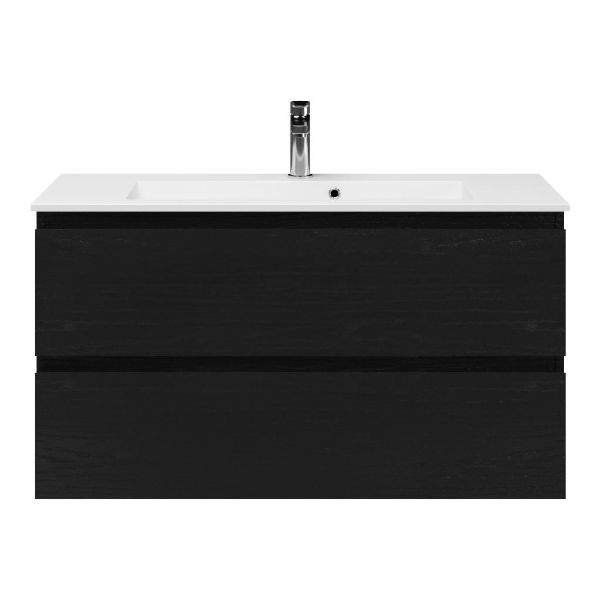 Texel Renesse/Compact ondiep badmeubel 100x36 2 softclose laden zwart eiken greeploos keramische wastafel wit met 1 kraangat