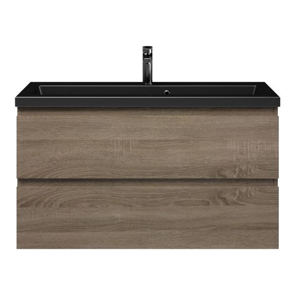Texel Renesse/Dishoek ondiep badmeubel 100x36 2 softclose laden donker eiken greeploos keramische wastafel mat zwart met 1 kraangaten