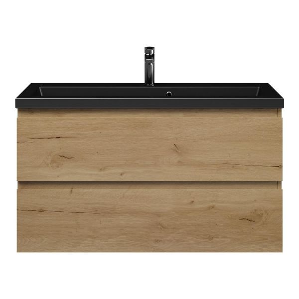 Texel Renesse/Dishoek ondiep badmeubel 100x36 2 softclose laden eiken natuur greeploos keramische wastafel mat zwart met 1 kraangaten
