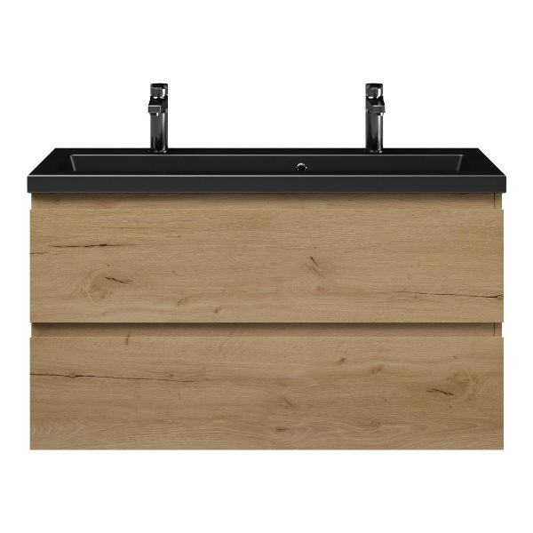 Texel Renesse/Dishoek ondiep badmeubel 100x36 2 softclose laden eiken natuur greeploos keramische wastafel mat zwart met 2 kraangaten