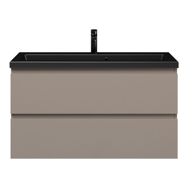 Texel Renesse/Dishoek ondiep badmeubel 100x36 2 softclose laden taupe greeploos keramische wastafel mat zwart met 1 kraangaten