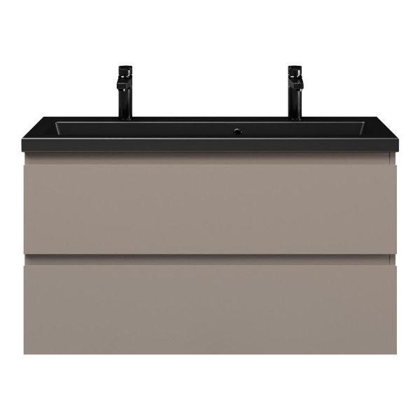Texel Renesse/Dishoek ondiep badmeubel 100x36 2 softclose laden taupe greeploos keramische wastafel mat zwart met 2 kraangaten