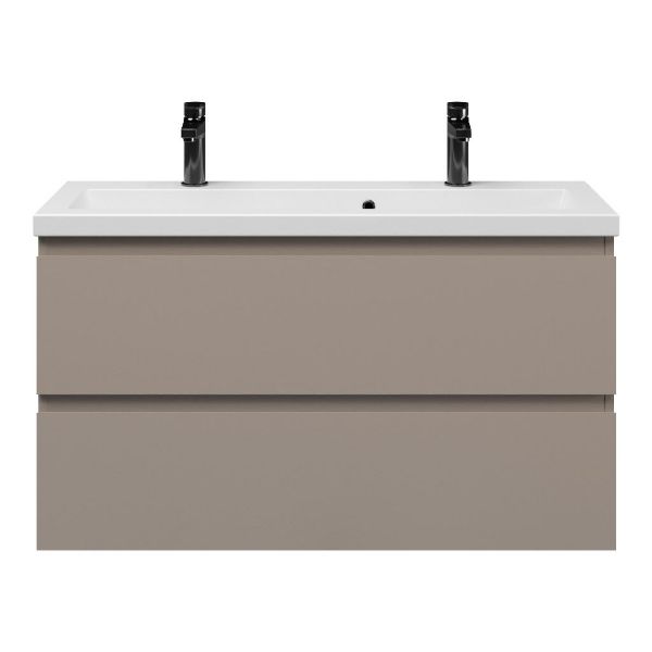 Texel Renesse/Dishoek ondiep badmeubel 100x36 2 softclose laden taupe greeploos keramische wastafel mat wit met 2 kraangaten