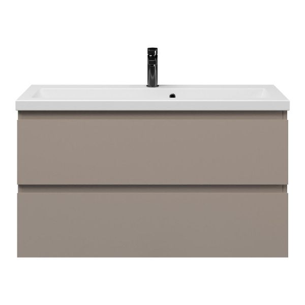 Texel Renesse/Dishoek ondiep badmeubel 100x36 2 softclose laden taupe greeploos keramische wastafel mat wit met 1 kraangat