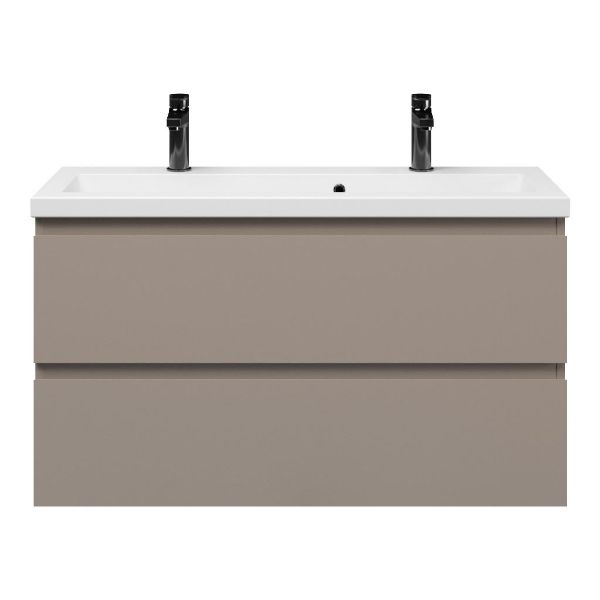 Texel Renesse/Dishoek ondiep badmeubel 100x36 2 softclose laden taupe greeploos keramische wastafel wit met 2 kraangaten