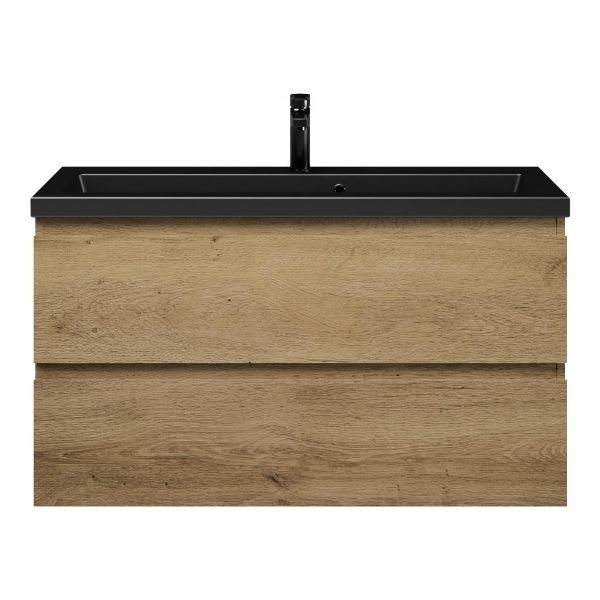 Texel Renesse/Dishoek ondiep badmeubel 100x36 2 softclose laden warm eiken greeploos keramische wastafel mat zwart met 1 kraangaten