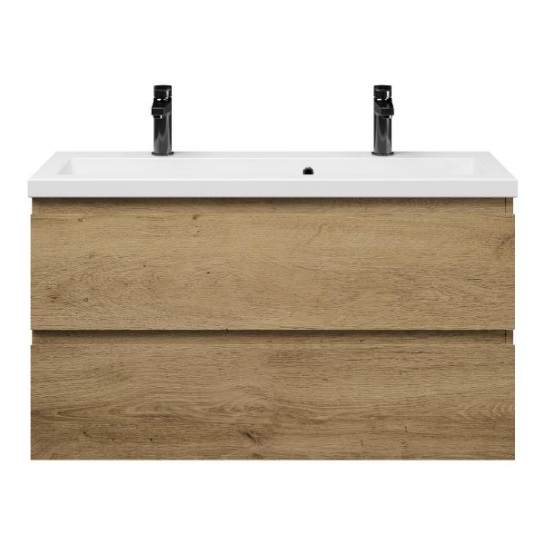 Texel Renesse/Dishoek ondiep badmeubel 100x36 2 softclose laden warm eiken greeploos keramische wastafel wit met 2 kraangaten