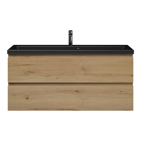 Texel Renesse/Dishoek ondiep badmeubel 120x36 2 softclose laden natuur eiken greeploos keramische wastafel mat zwart met 1 kraangat