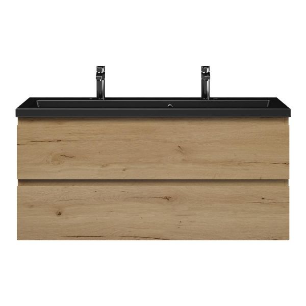 Texel Renesse/Dishoek ondiep badmeubel 120x36 2 softclose laden natuur eiken greeploos keramische wastafel mat zwart met 2 kraangaten
