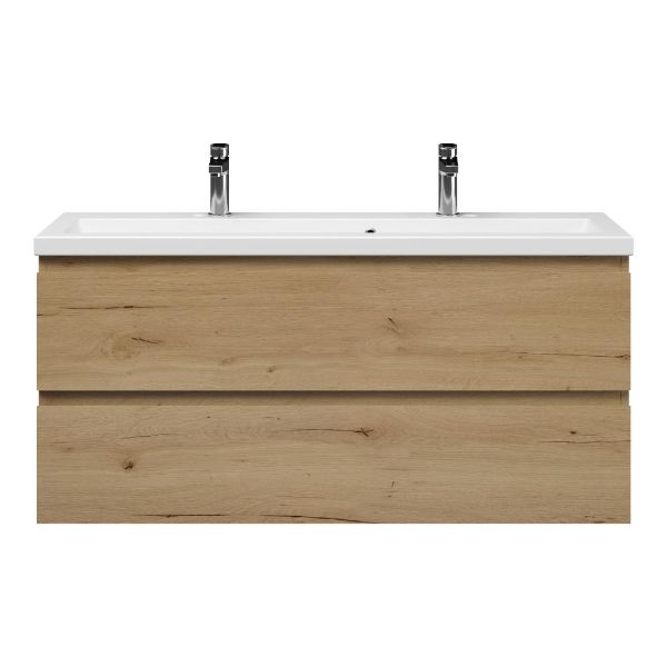 Texel Renesse/Dishoek ondiep badmeubel 120x36 2 softclose laden natuur eiken greeploos keramische wastafel mat wit met 2 kraangaten