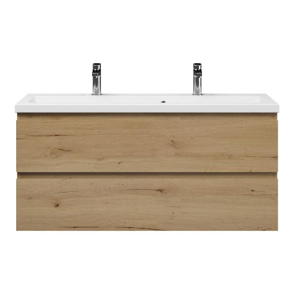 Texel Renesse/Dishoek ondiep badmeubel 120x36 2 softclose laden natuur eiken greeploos keramische wastafel wit met 2 kraangaten