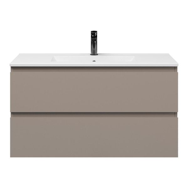 Texel Renesse/Huisduinen ondiep badmeubel 100x36 2 softclose laden taupe greeploos keramische wastafel wit met 1 kraangat