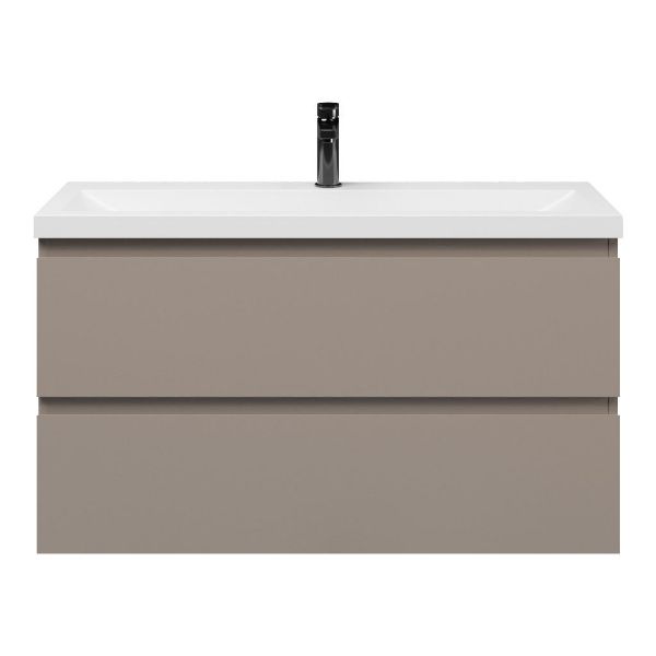 Texel Renesse/Scharendijke ondiep badmeubel 100x36 2 softclose laden taupe greeploos polystone wastafel wit met 1 kraangat