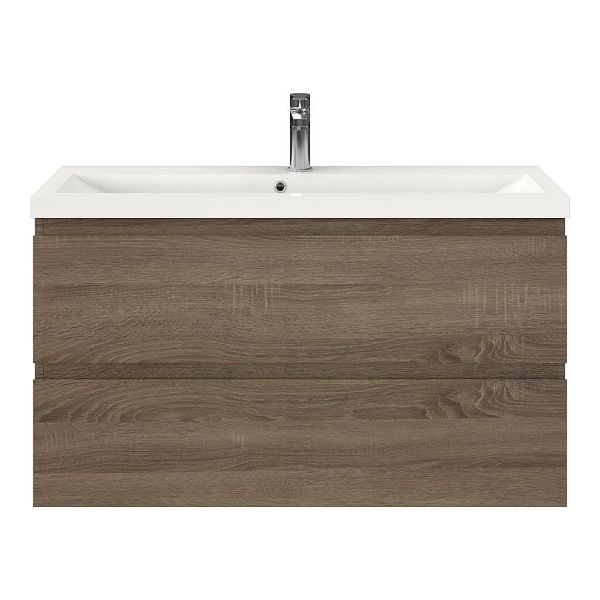 Texel Renesse/Scharendijke ondiep badmeubel 100x36 2 softclose laden donker eiken greeploos polystone wastafel wit met 1 kraangat, 58 cm hoog