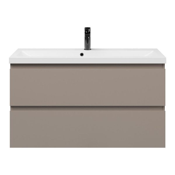 Texel Renesse/Scharendijke ondiep badmeubel 100x36 2 softclose laden taupe greeploos polystone wastafel wit met 1 kraangat