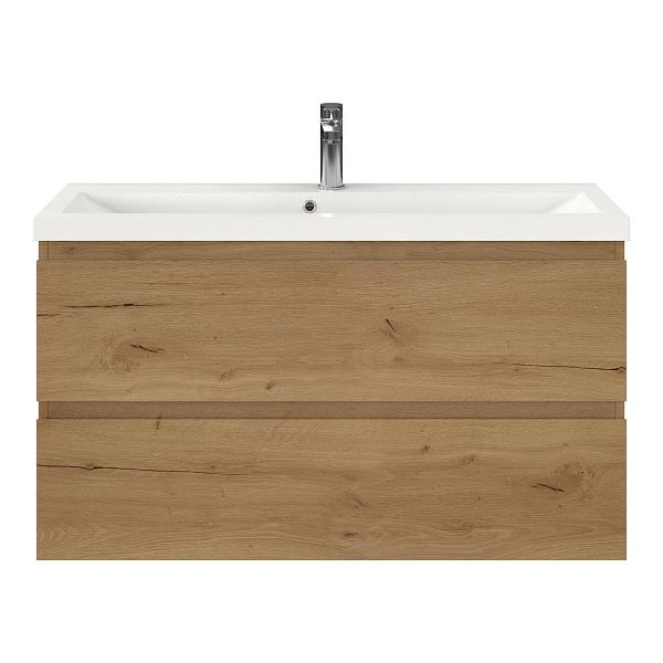 Texel Renesse/Scharendijke ondiep badmeubel 100x36 2 softclose laden eiken natuur greeploos polystone wastafel wit met 1 kraangat