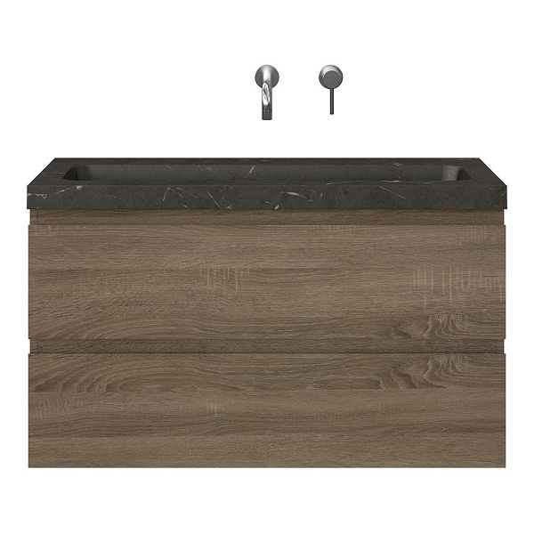 Texel Renesse/Stone ondiep badmeubel 100x36 2 softclose laden donker eiken greeploos natuurstenen wastafel bluestone met 0 kraangaten