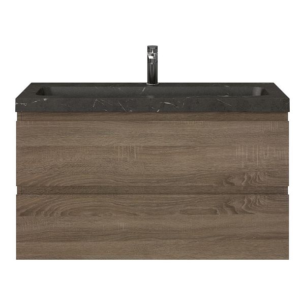 Texel Renesse/Stone ondiep badmeubel 100x36 2 softclose laden donker eiken greeploos natuurstenen wastafel bluestone met 1 kraangat